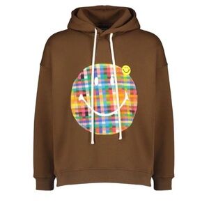 Joshua Sanders Brown Plaid Madras Smiley Face Applique Hoodie Sweatshirt XS